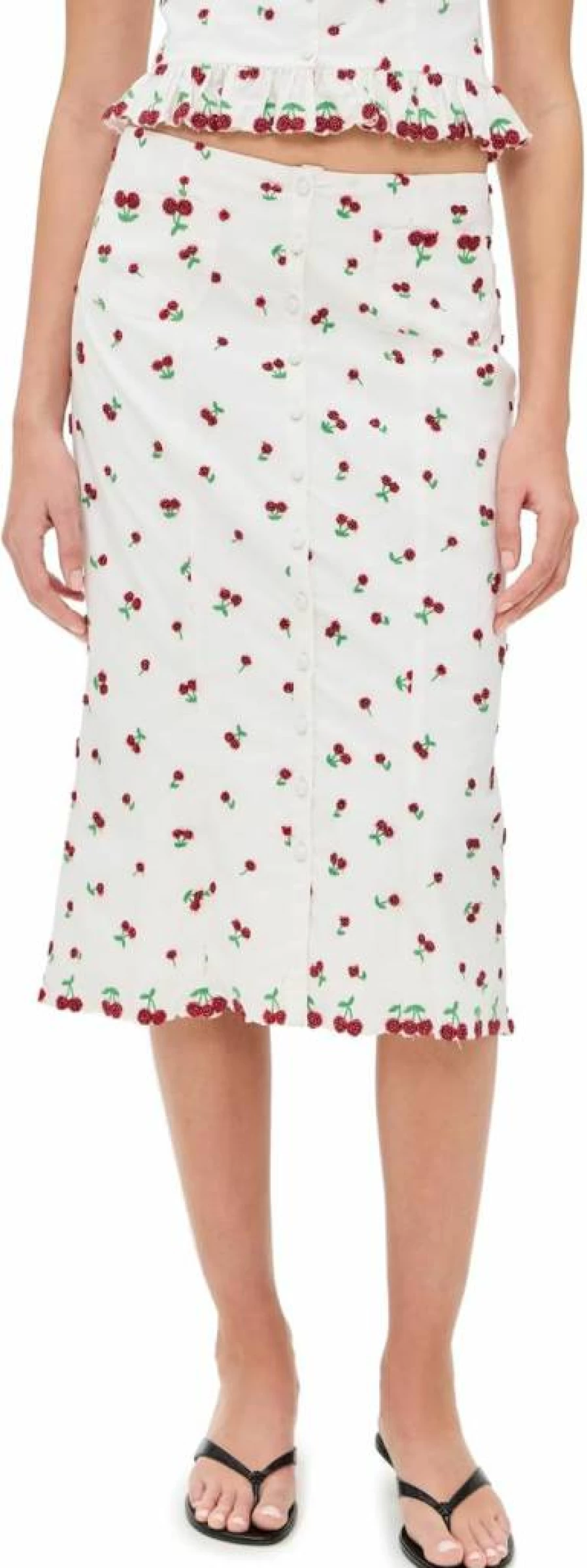For Love & Lemons Women's Beaded Cherry Print Midi Skirt - Floral Embroidery Summer Party Dress