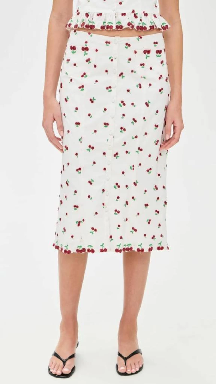For Love & Lemons Women's Beaded Cherry Print Midi Skirt - Floral Embroidery Summer Party Dress