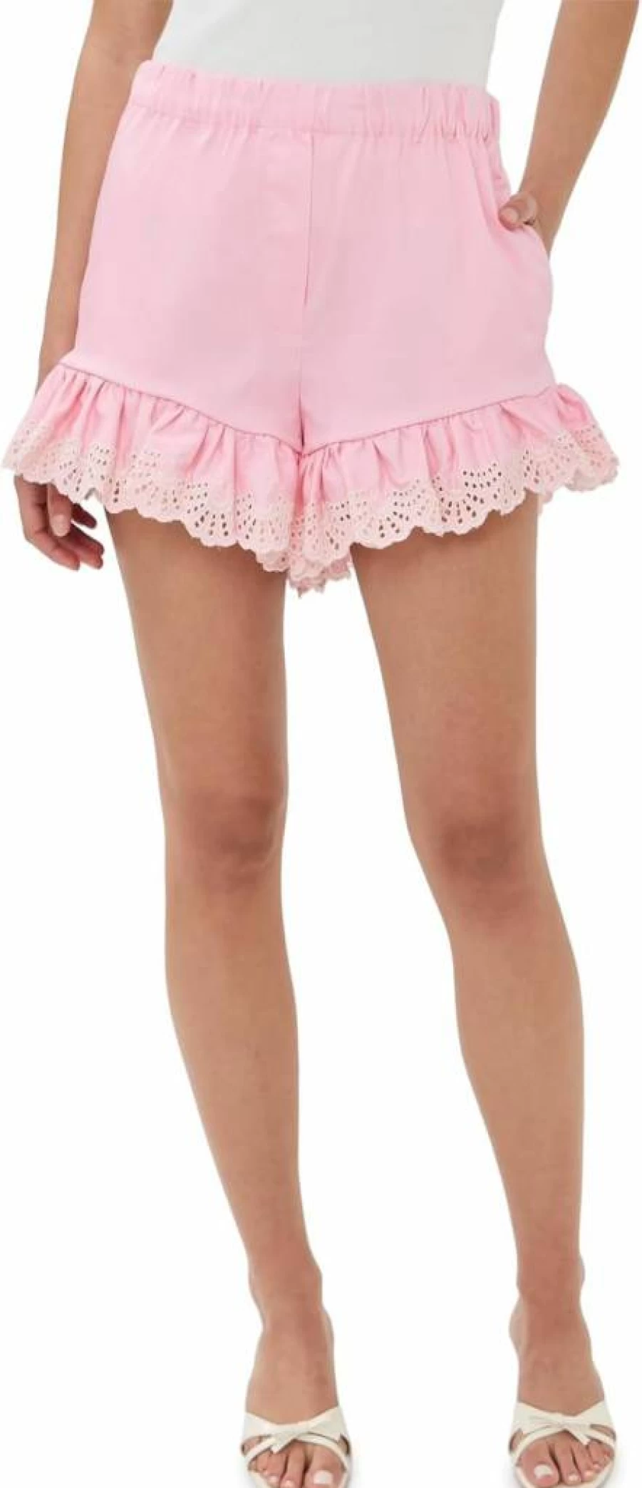 Kika Vargas Women's Frida Shorts - Pale Pink Cotton with White Embroidery Casual Summer Shorts