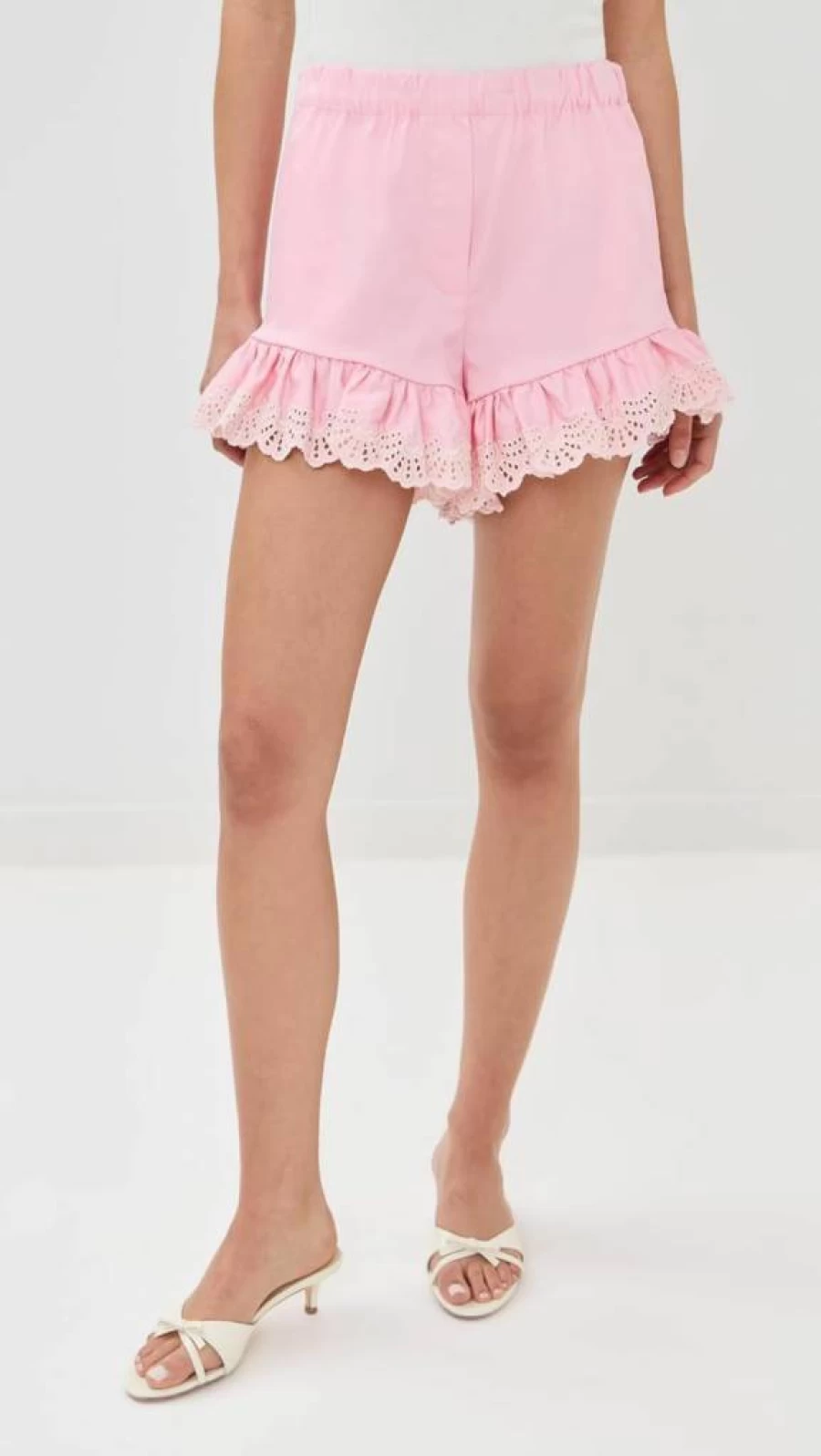 Kika Vargas Women's Frida Shorts - Pale Pink Cotton with White Embroidery Casual Summer Shorts
