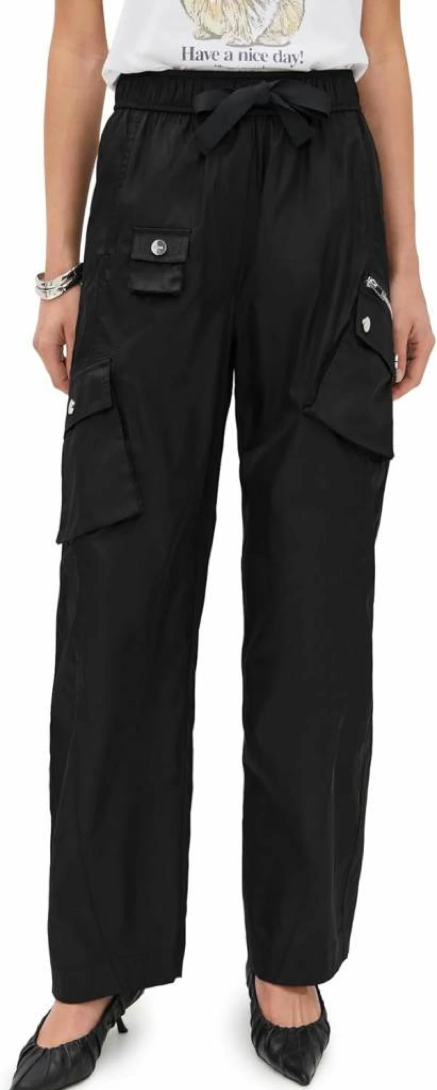 Ganni Women's Duchesse Nylon Oversized Elastic Waist Pants - High-Waisted Wide-Leg Trousers
