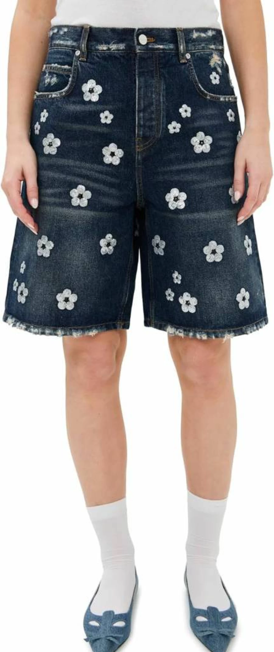 Marc Jacobs Women's Sequin Daisy Embellished Wide Leg Shorts - Glamorous High Waist Summer Fashion