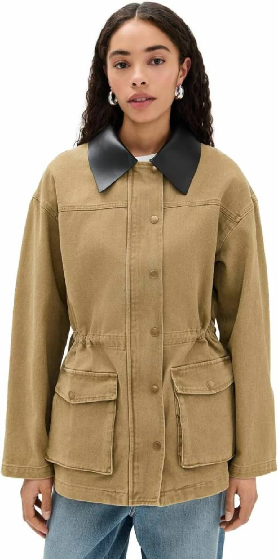 Pixie Market Women's Faux Leather Trim Denim Jacket with Collar Detail