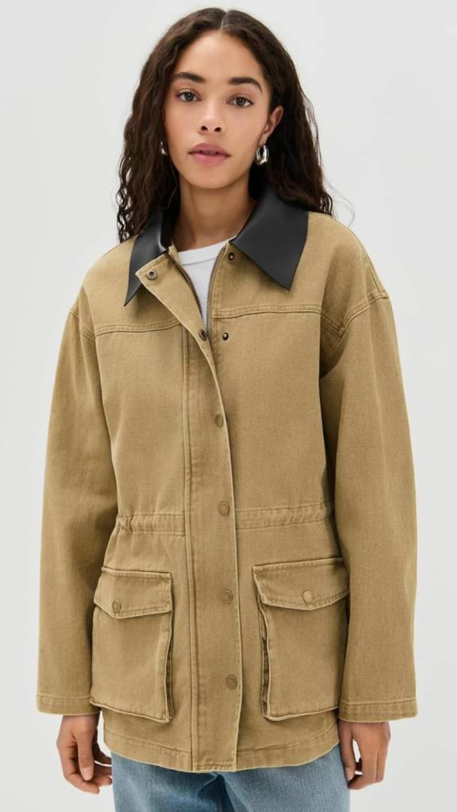 Pixie Market Women's Faux Leather Trim Denim Jacket with Collar Detail