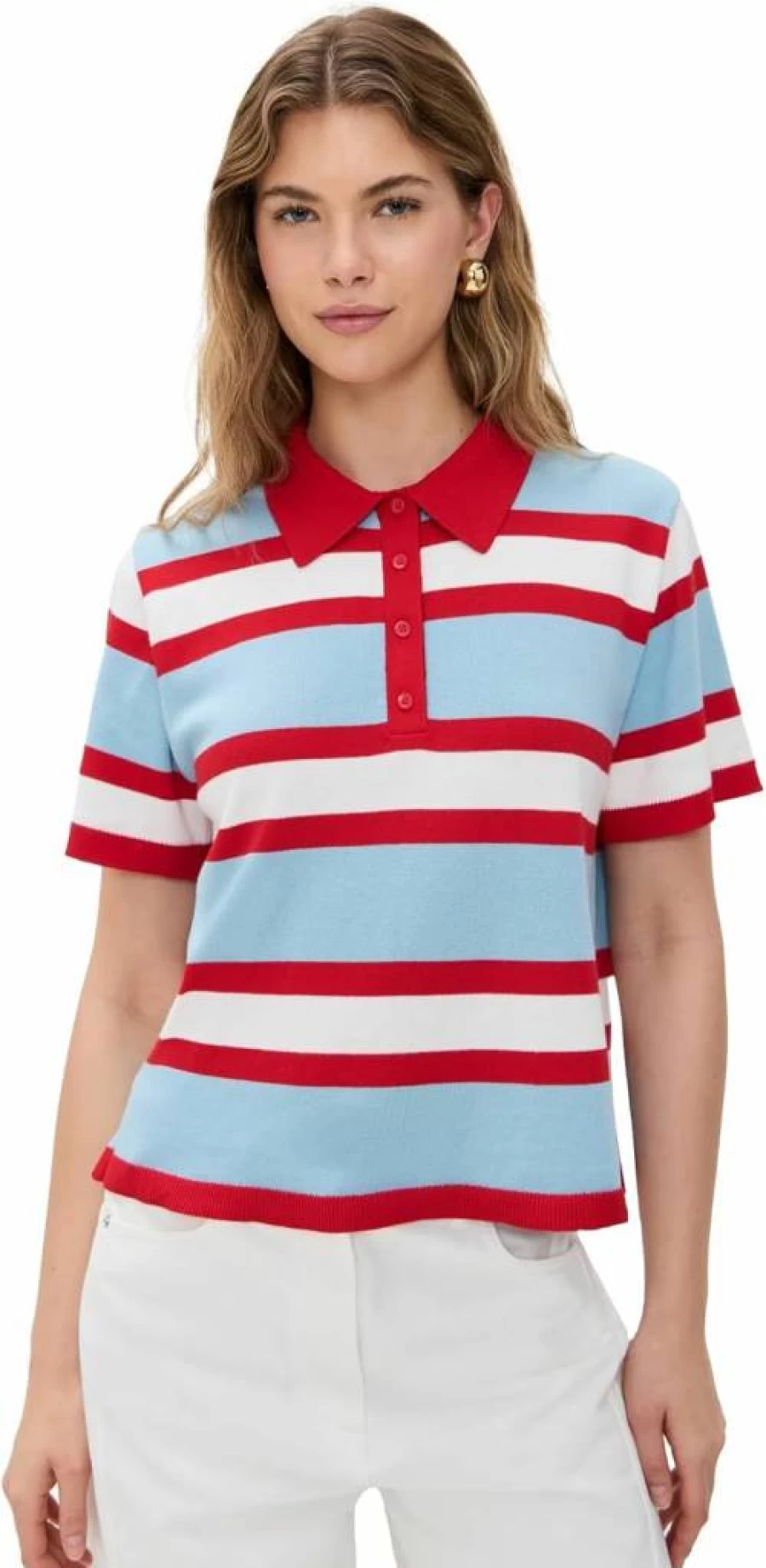Alice + Olivia Women's Tillie Striped Polo Shirt - Classic Navy & White Collared Top