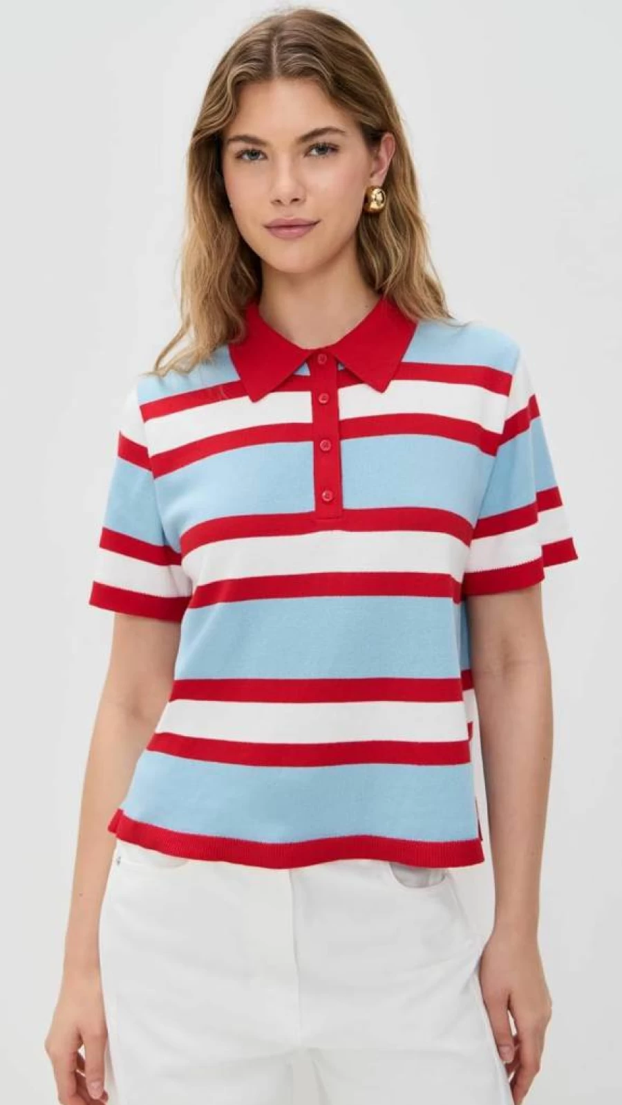 Alice + Olivia Women's Tillie Striped Polo Shirt - Classic Navy & White Collared Top