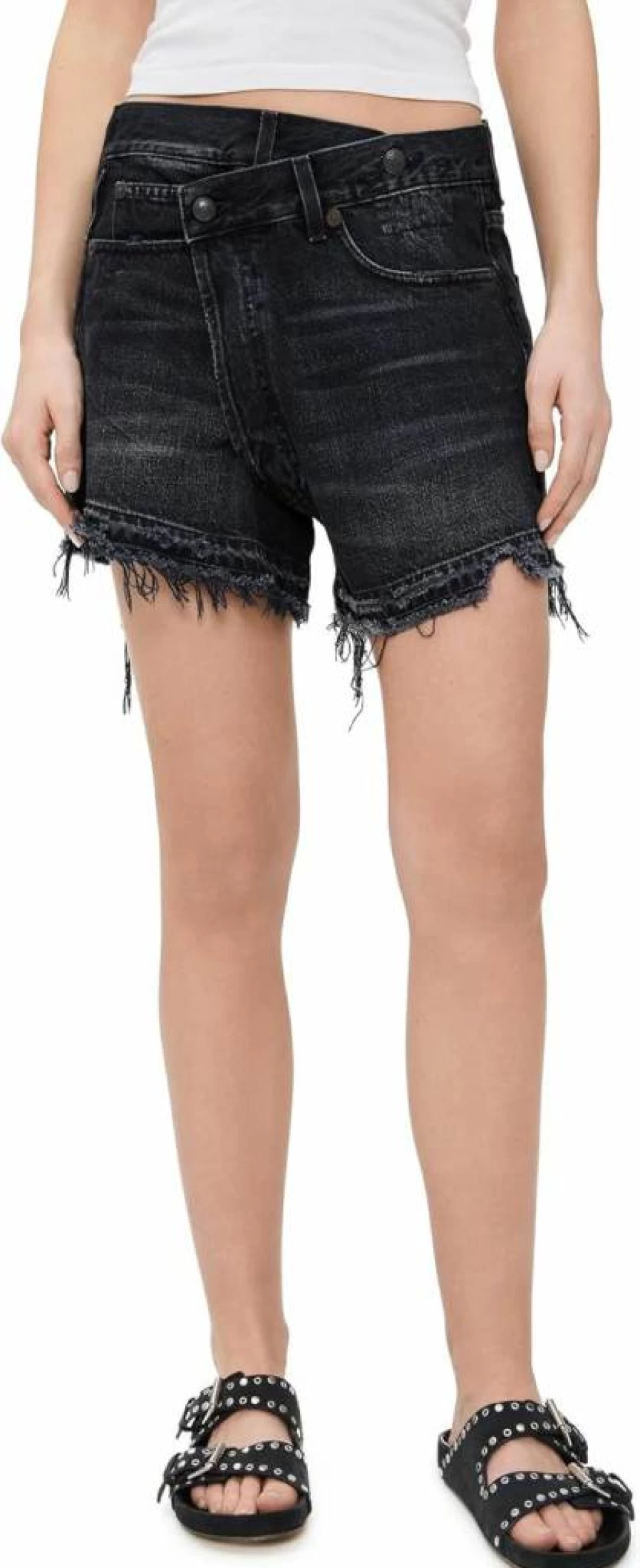 R13 Women's High-Waisted Crossover Denim Shorts - Vintage Style Distressed Denim Cutoffs