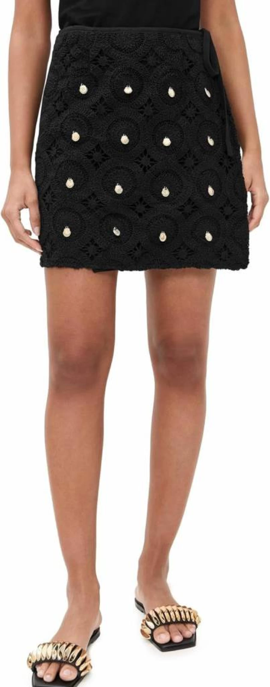 Never Fully Dressed Women's Black Crochet Shell Wrap Skirt - Boho Beach Cover Up - Lace Trim Summer Skirt