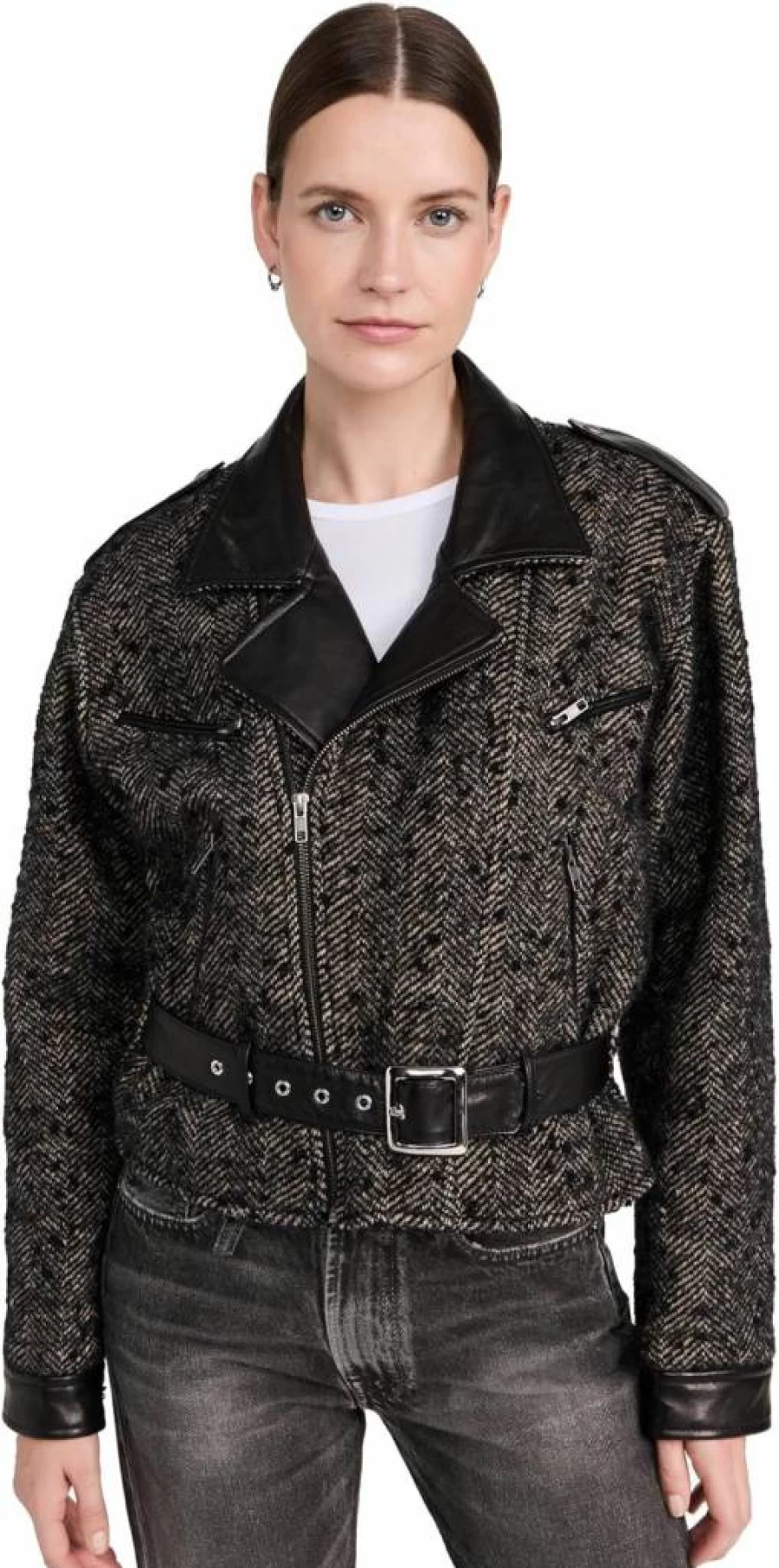 R13 Women's Distressed Black Motorcycle Jacket with Exaggerated Shoulders and Studded Cuffs