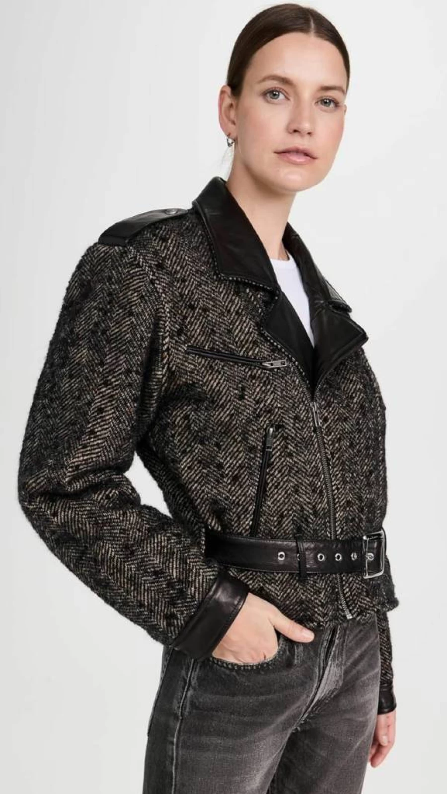 R13 Women's Distressed Black Motorcycle Jacket with Exaggerated Shoulders and Studded Cuffs