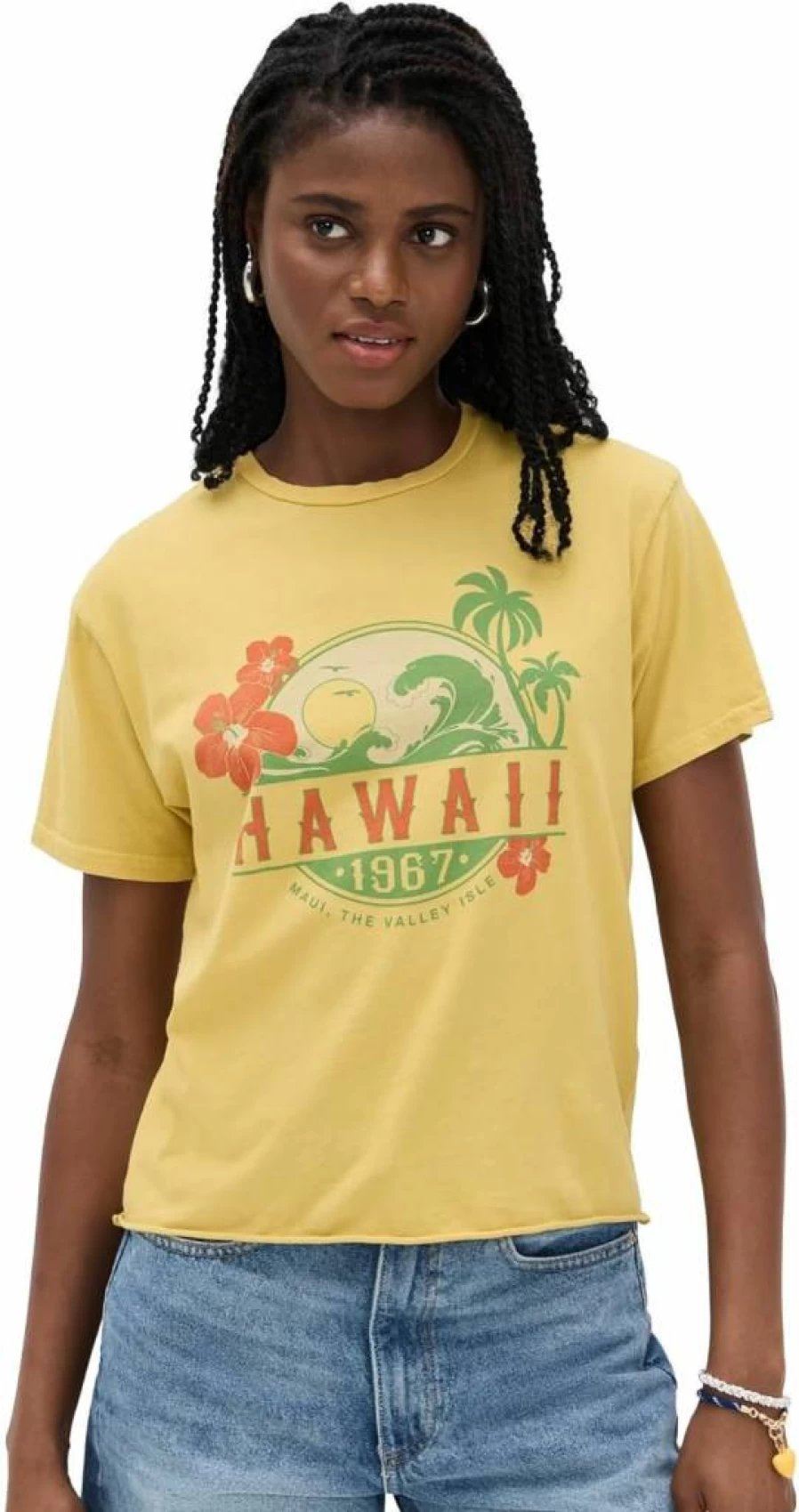 Original Retro Brand Women's Vintage Hawaii Print Cropped T-Shirt Aloha Summer Top