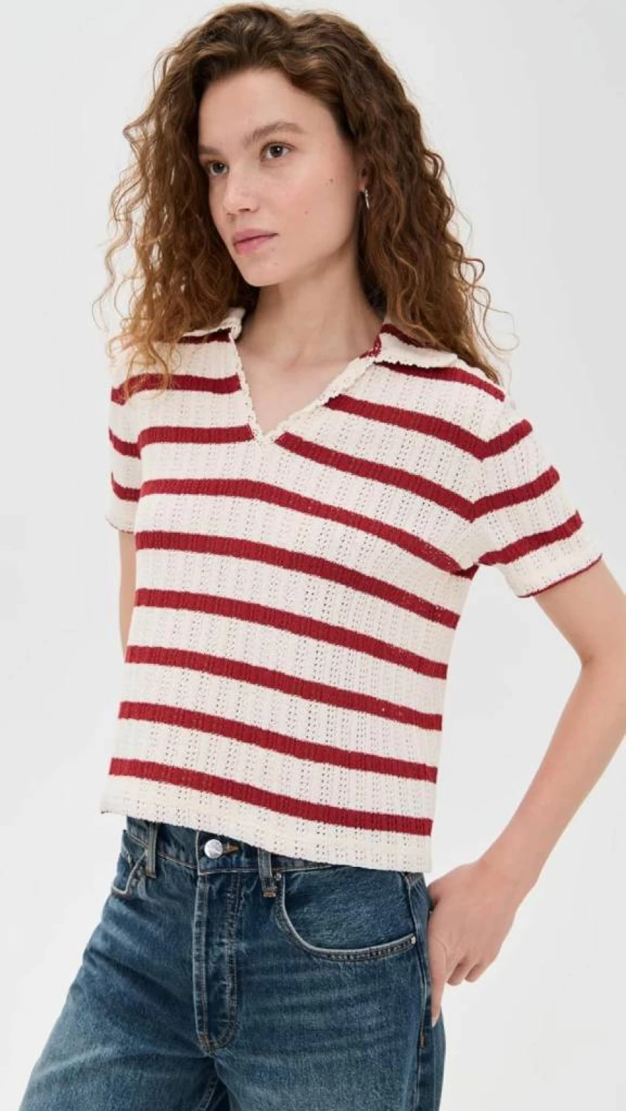 Madewell Women's Crochet V-Neck Knit Sweater Tee - Soft Casual Pullover Top