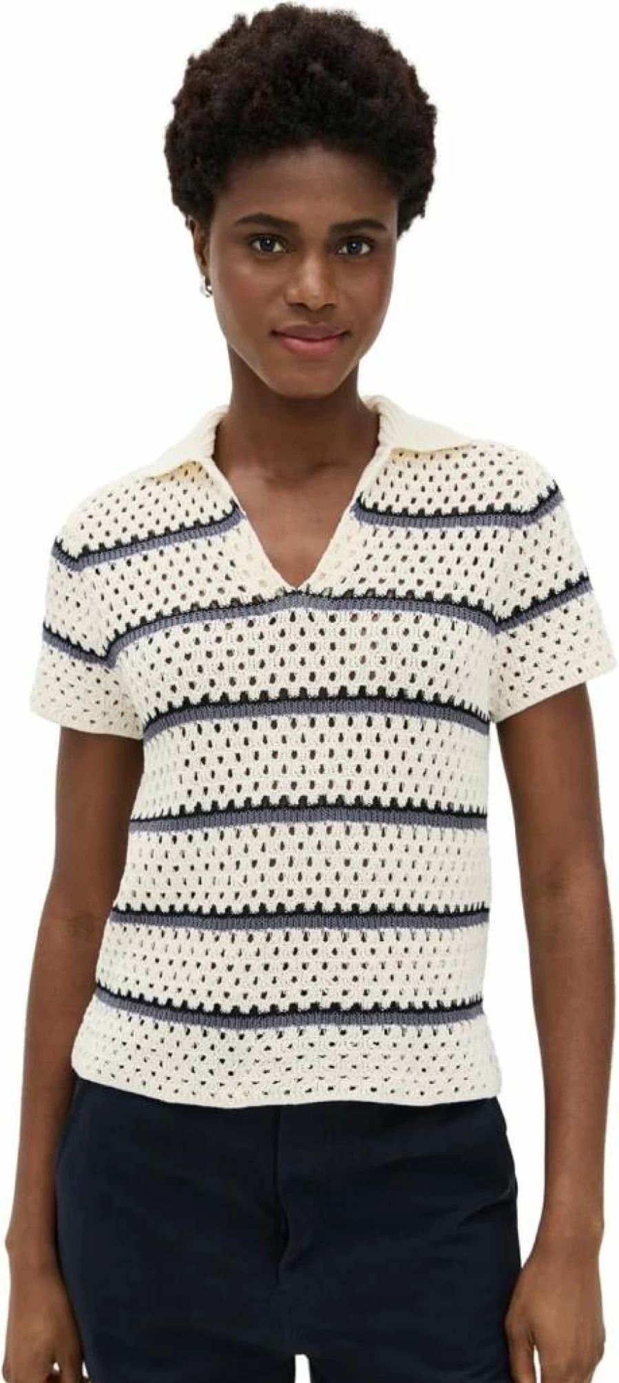 Vince Women's Macrame Stripe Henley T-Shirt Casual Comfortable Short Sleeve Top