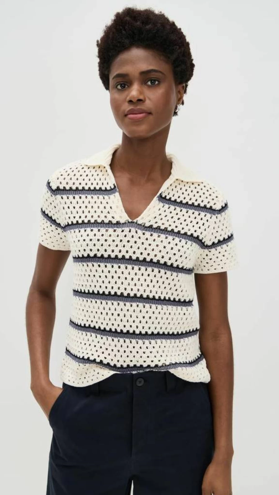 Vince Women's Macrame Stripe Henley T-Shirt Casual Comfortable Short Sleeve Top
