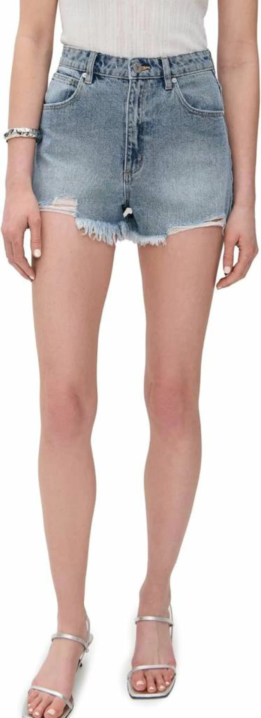 ABRAND Women's High Waist Relaxed Rip Denim Shorts - Trendy Distressed Casual Summer Shorts