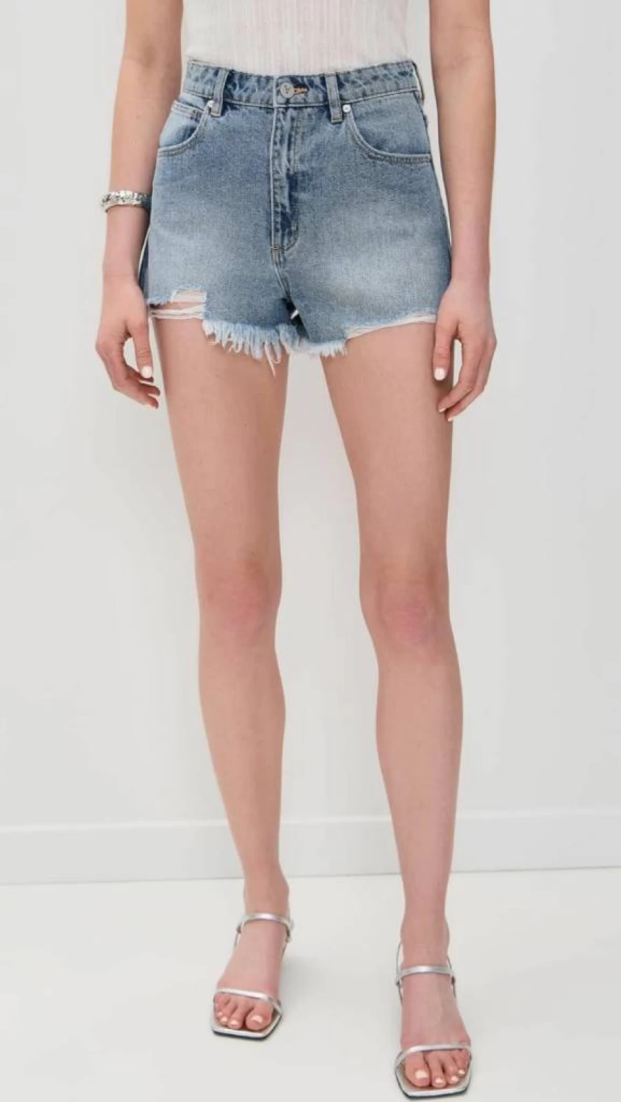 ABRAND Women's High Waist Relaxed Rip Denim Shorts - Trendy Distressed Casual Summer Shorts