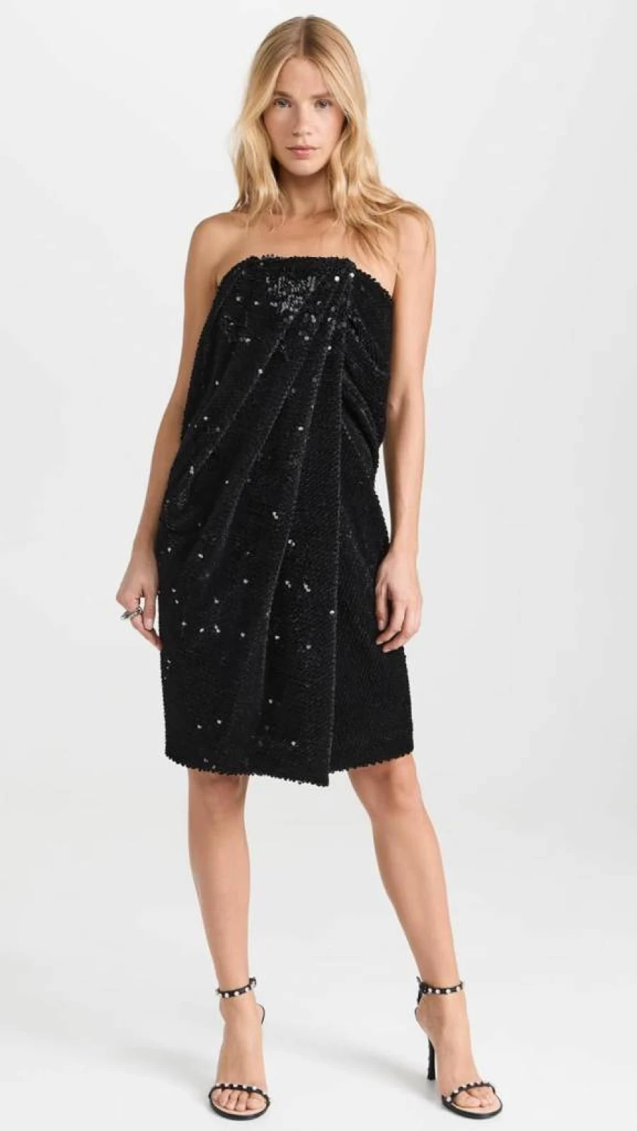 RECTO Women's Velvet Sequin Draped Tube Top Dress - Elegant Sleeveless Party Gown