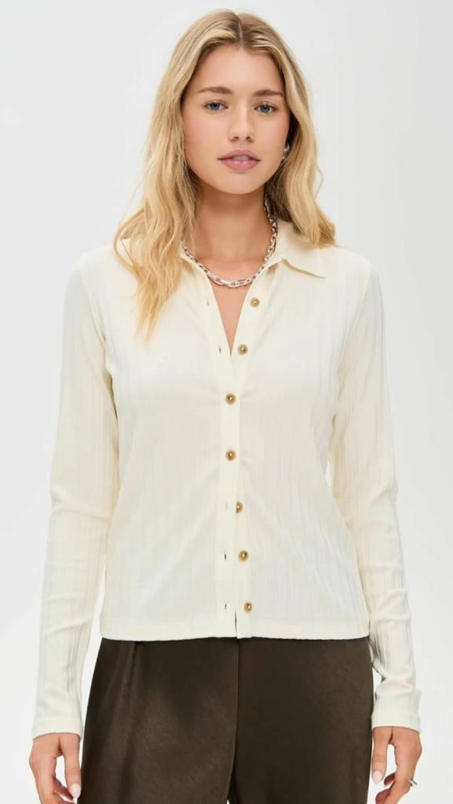 Vince Women's Ribbed Collar Button-Up Shirt - Classic Casual Top for Women