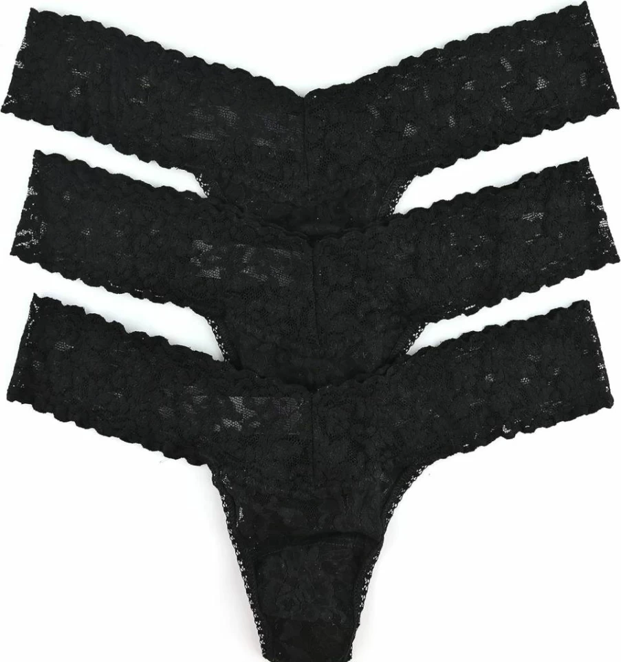 Hanky Panky Women's Signature Low Rise Lace Thongs 3-Pack - Soft Stretchy Nylon, One Size Fits 4-14, Black Triple Pack