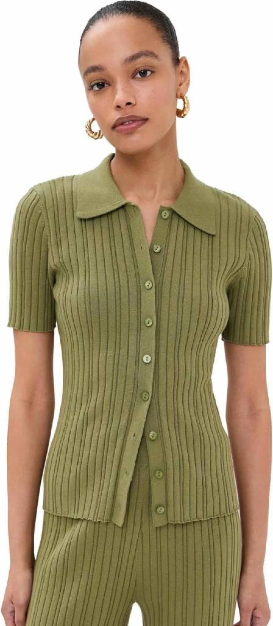 LE BOP Women's Ribbed Knit Button-Up Shirt Stylish Casual Top