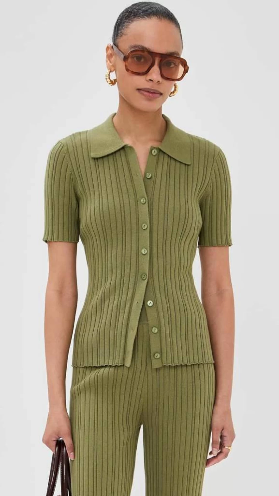 LE BOP Women's Ribbed Knit Button-Up Shirt Stylish Casual Top