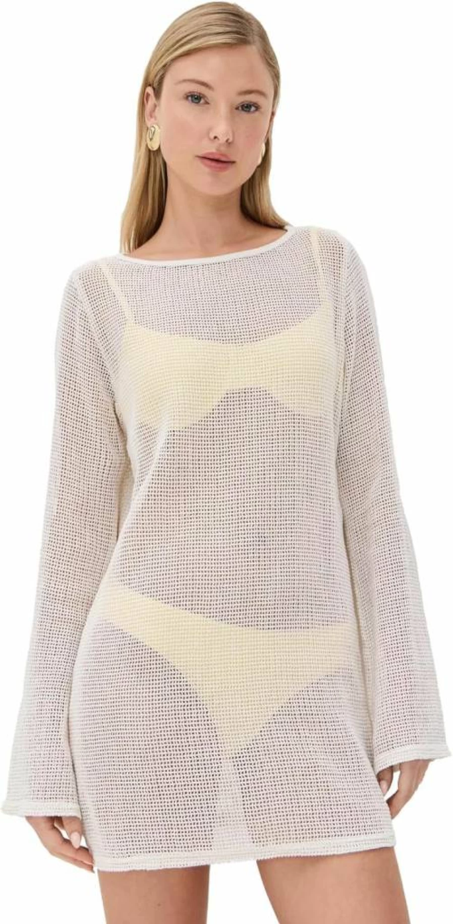 LE BOP Women's Biarritz Long Sleeve Mini Coverup - Beach Dress, Summer Swimwear Cover-Up, Casual Loose Fit Tunic