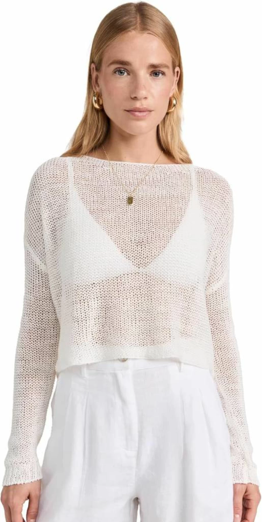 Enza Costa Women's Linen Bateau Neck Open Knit Sweater