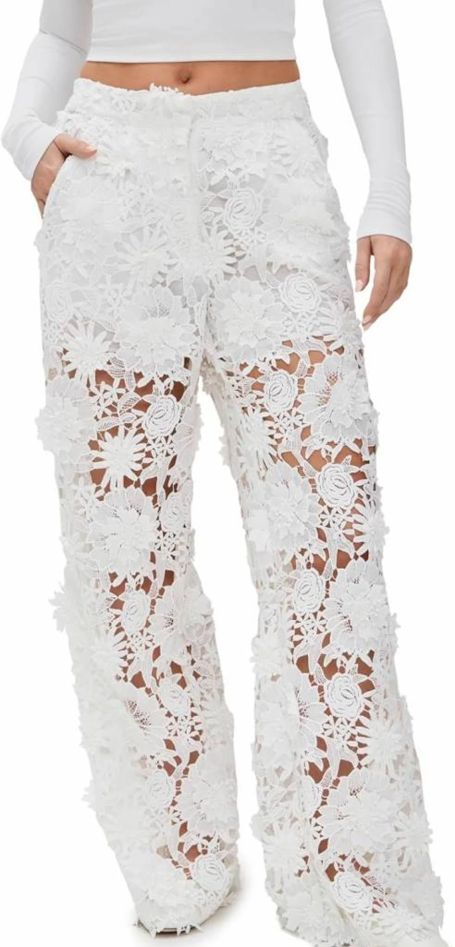 AKNVAS Women's Adrian High-Waist Lace Pants - Elegant Floral Embroidery Wide-Leg Trousers for Casual & Evening Wear