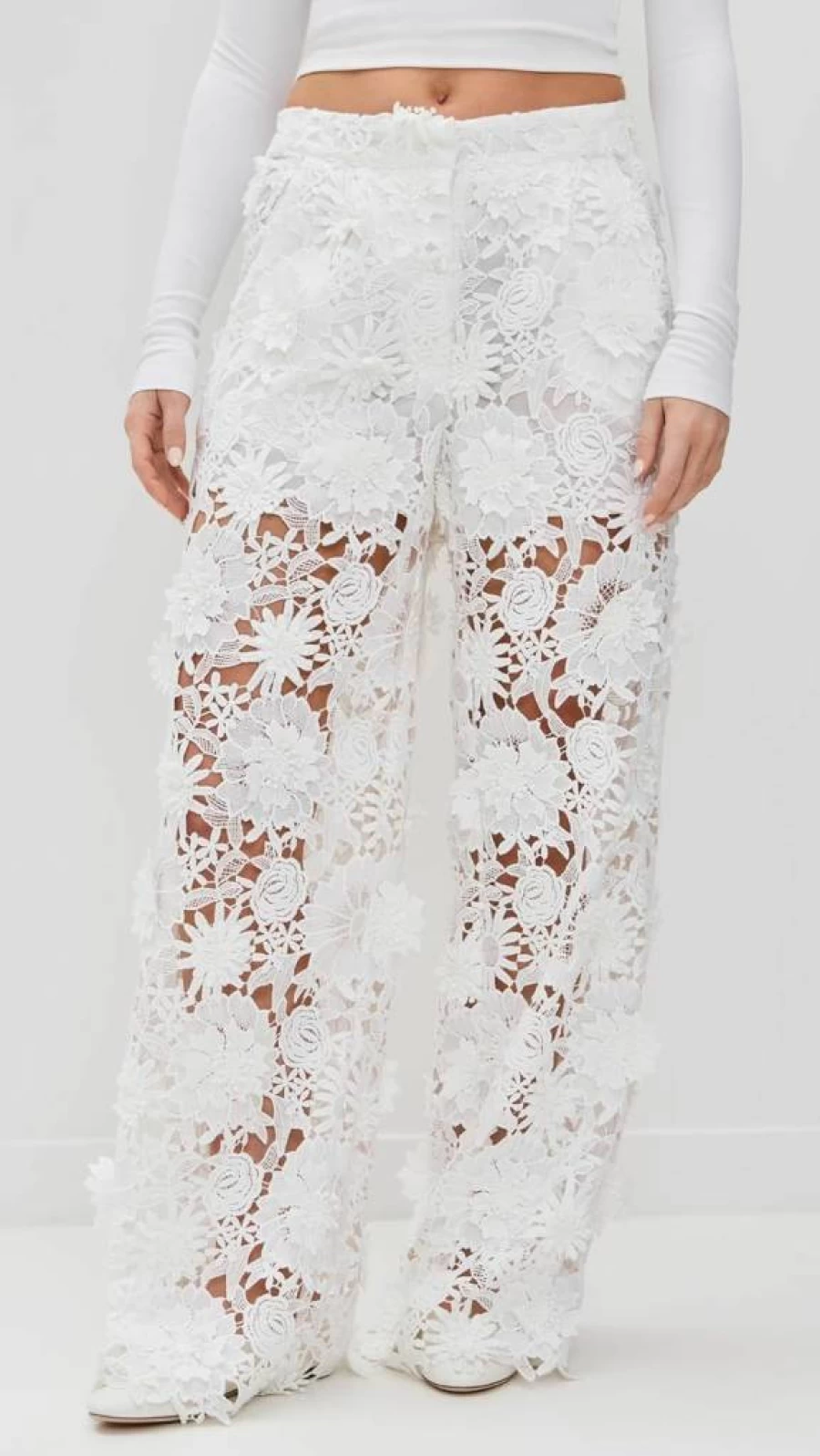 AKNVAS Women's Adrian High-Waist Lace Pants - Elegant Floral Embroidery Wide-Leg Trousers for Casual & Evening Wear