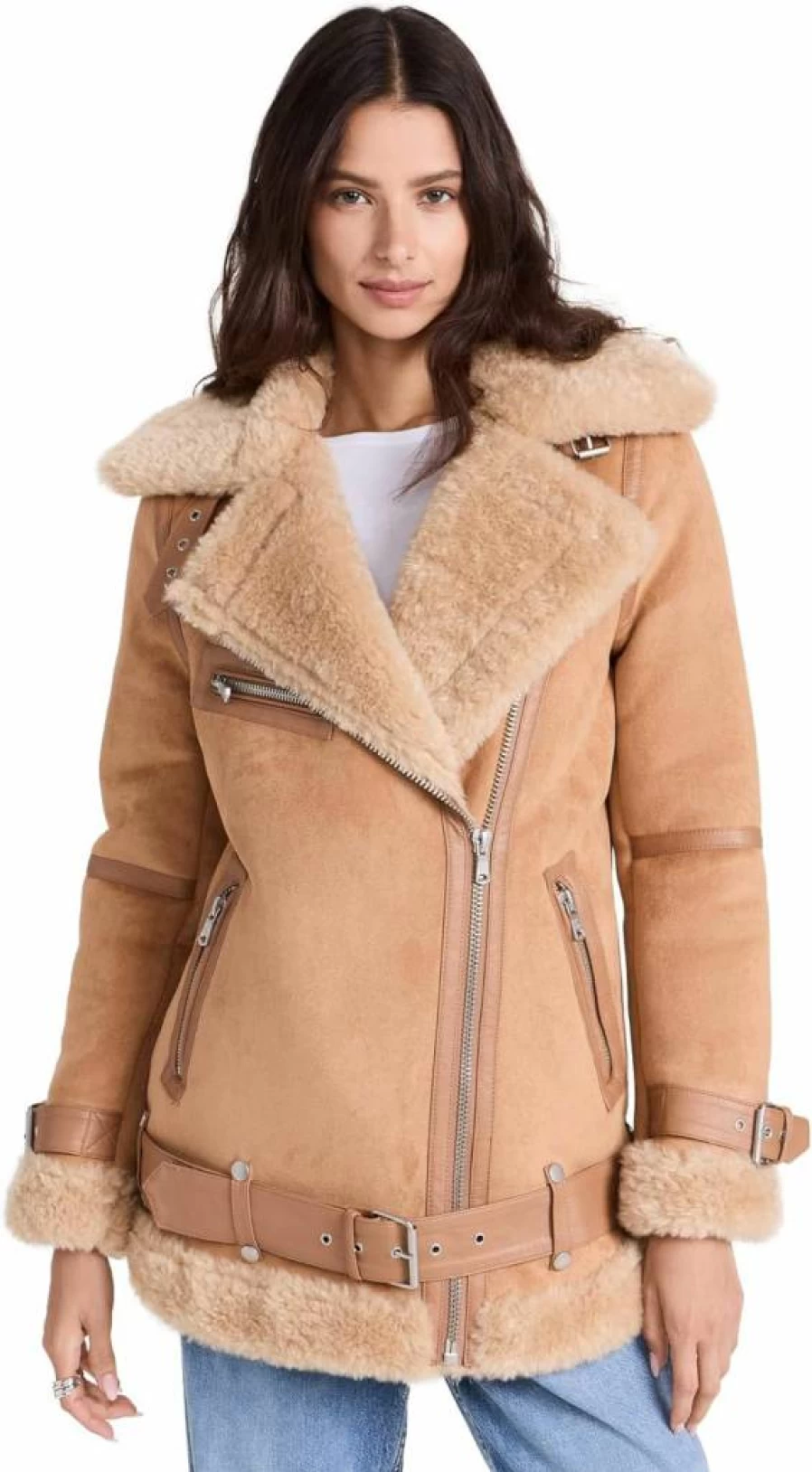 Avec Les Filles Women's Faux Shearling Biker Jacket - Stylish Bonded Leather Moto Coat