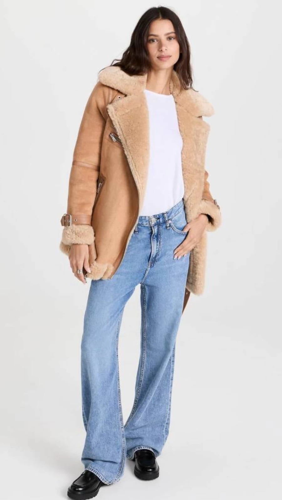 Avec Les Filles Women's Faux Shearling Biker Jacket - Stylish Bonded Leather Moto Coat