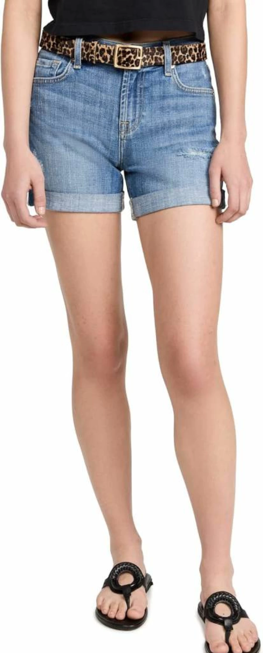 7 For All Mankind Women's Distressed Bright Light Broken Twill Mid-Roll Shorts