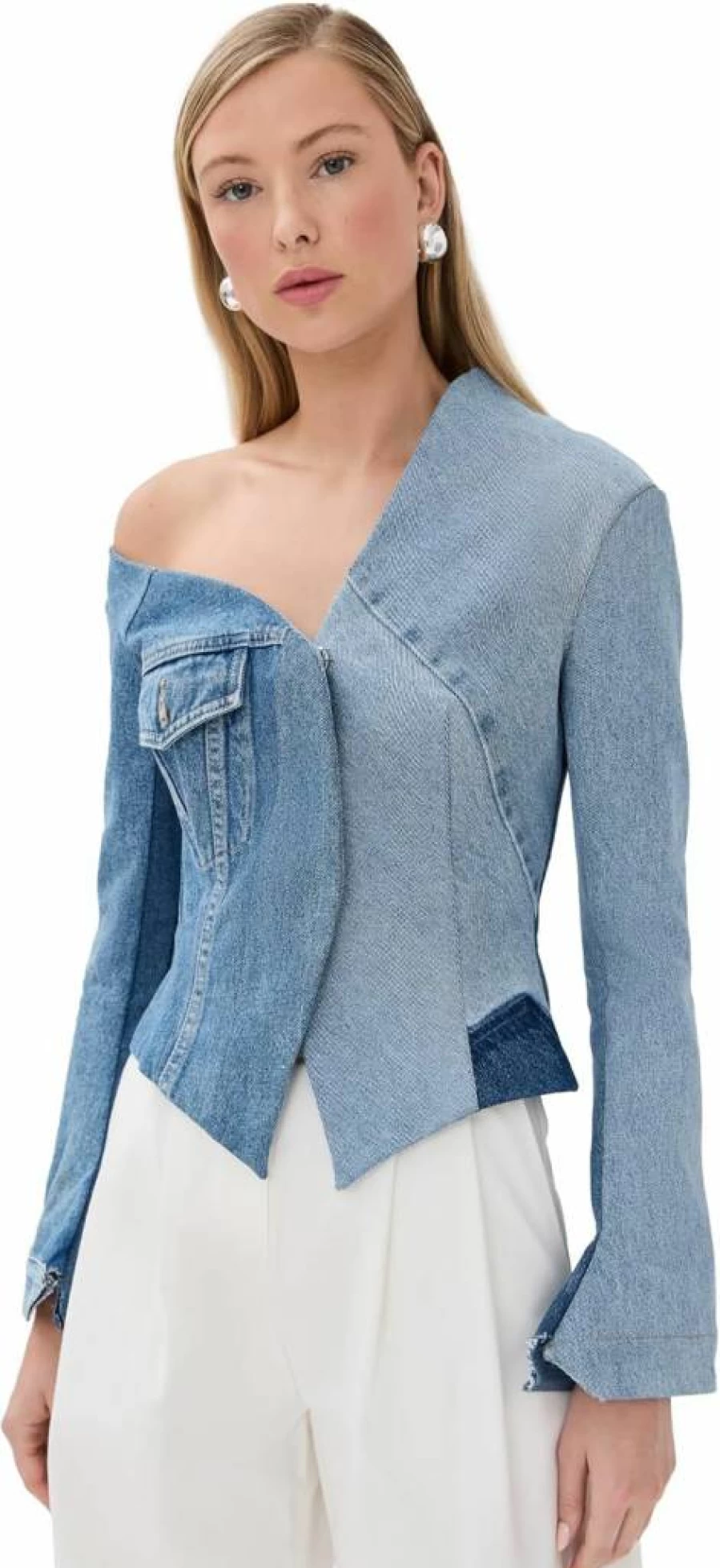 A.W.A.K.E. Mode Women's Upcycled Denim Off-Shoulder Jacket - Sustainable Fashion Statement