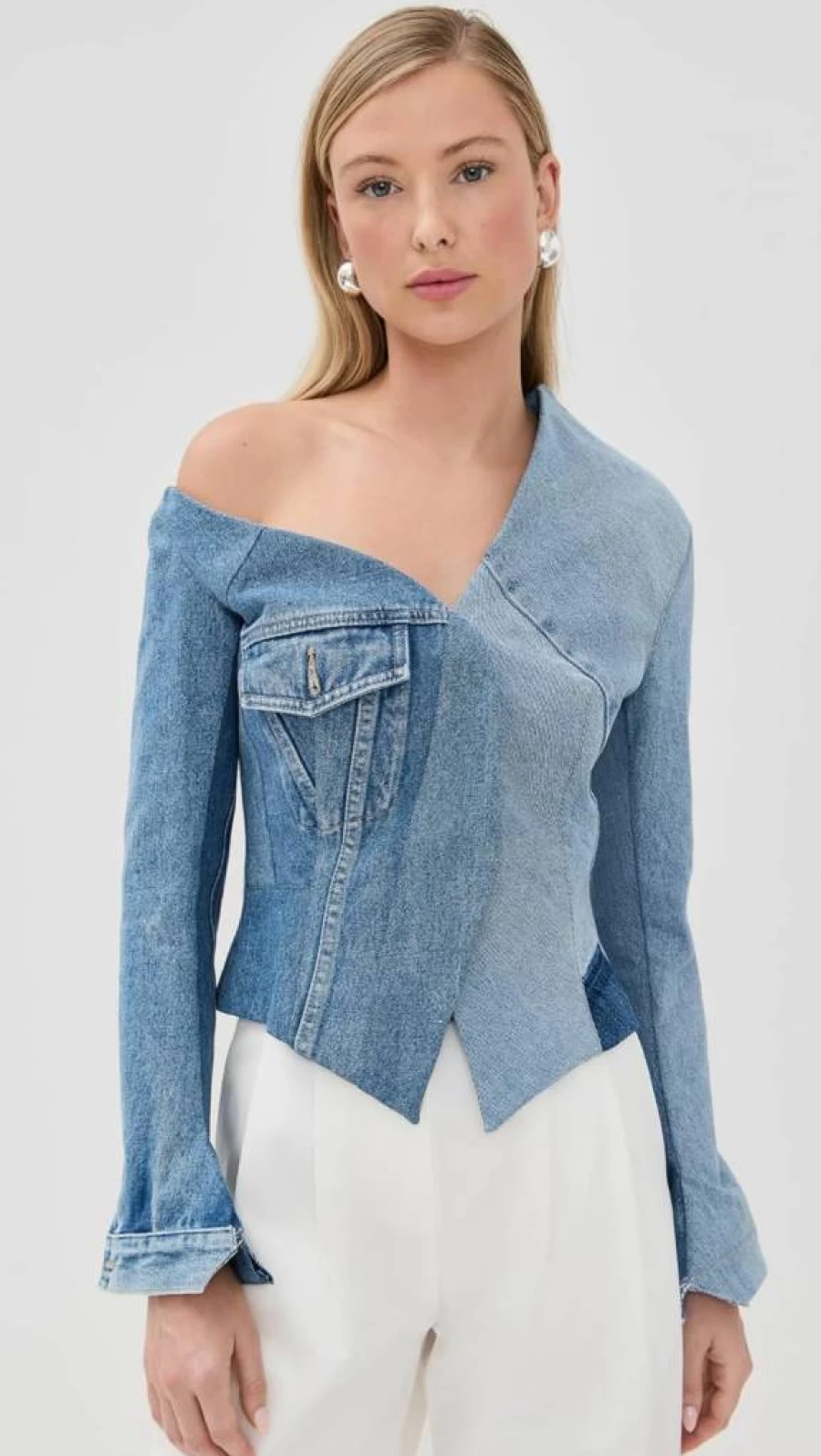 A.W.A.K.E. Mode Women's Upcycled Denim Off-Shoulder Jacket - Sustainable Fashion Statement