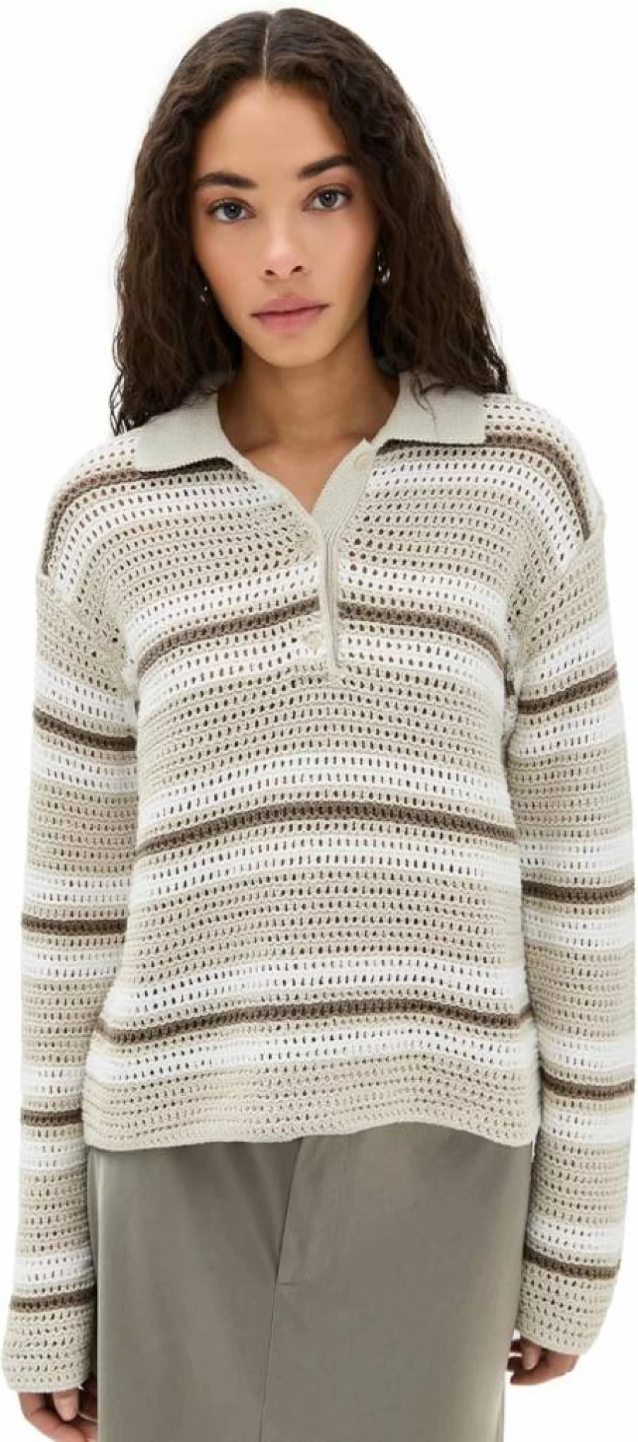 Vince Women's Striped Mesh Polo Shirt with Button Front