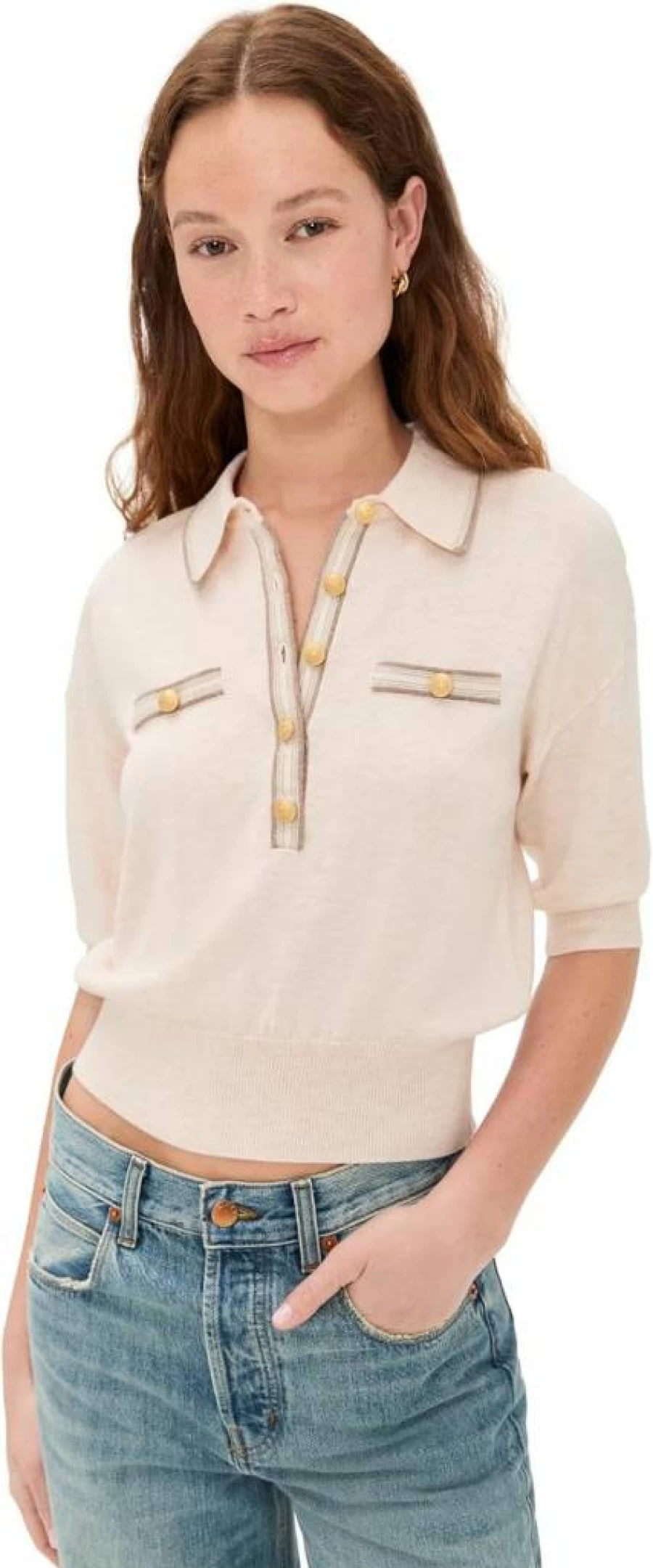 L'AGENCE Women's Masaki Short Sleeve Collared Knit Sweater