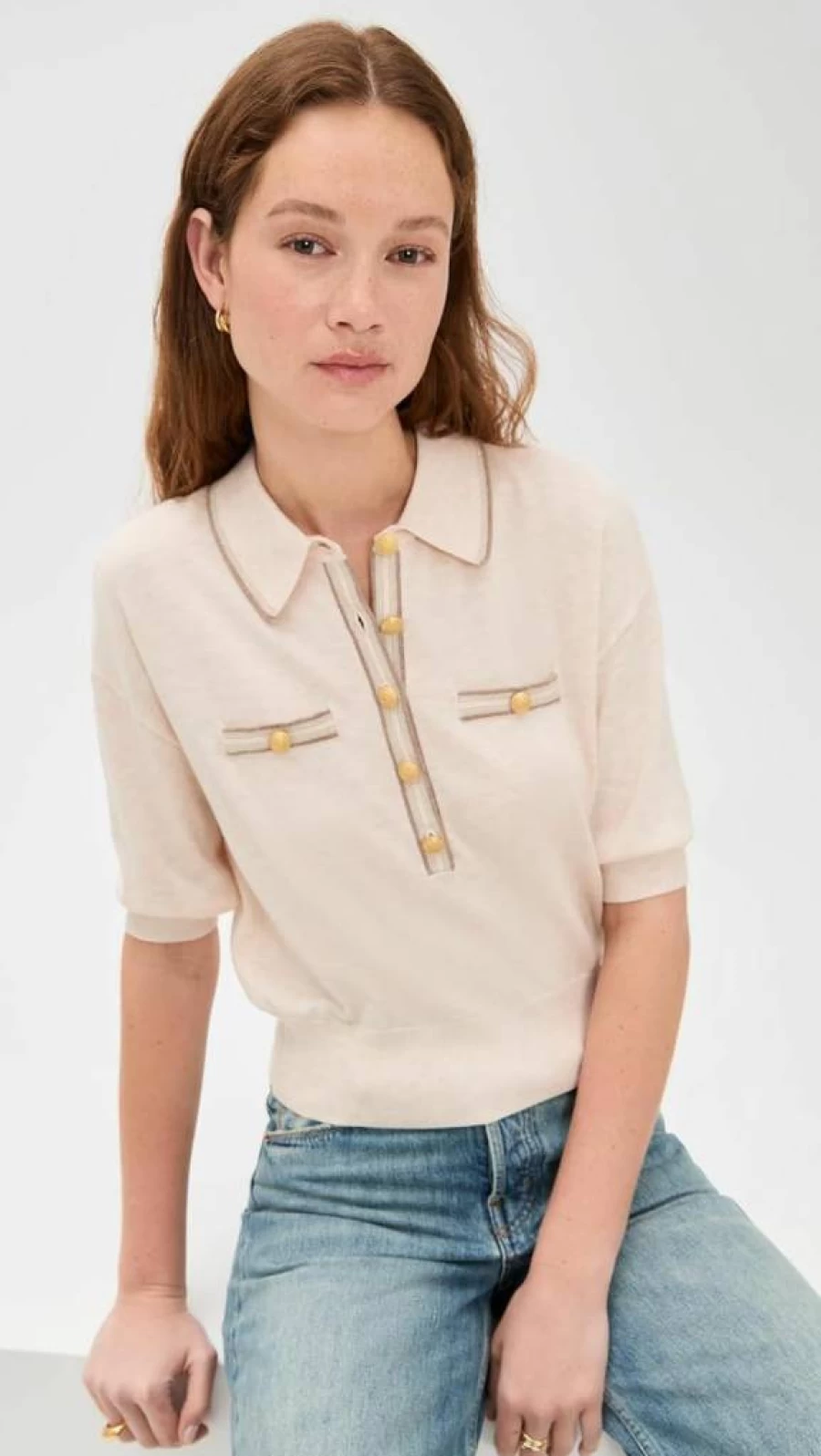 L'AGENCE Women's Masaki Short Sleeve Collared Knit Sweater