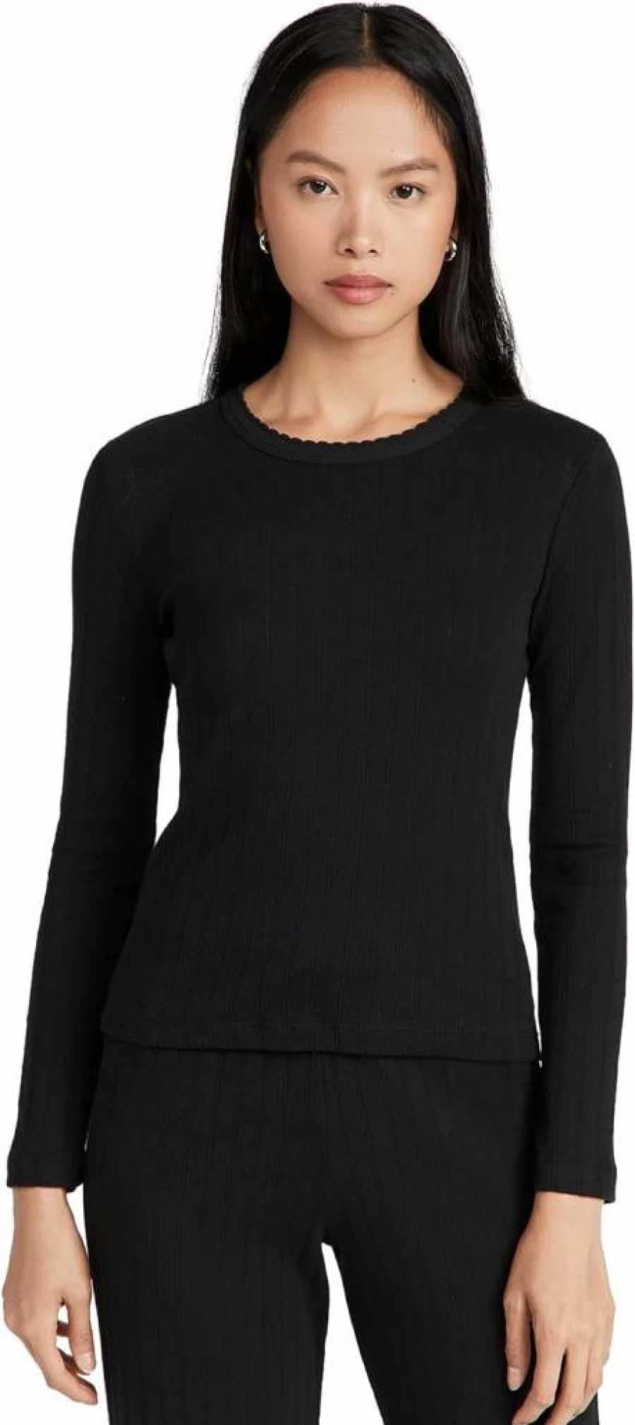 Leset Women's Pointelle Knit Long Sleeve Slim Fit T-Shirt
