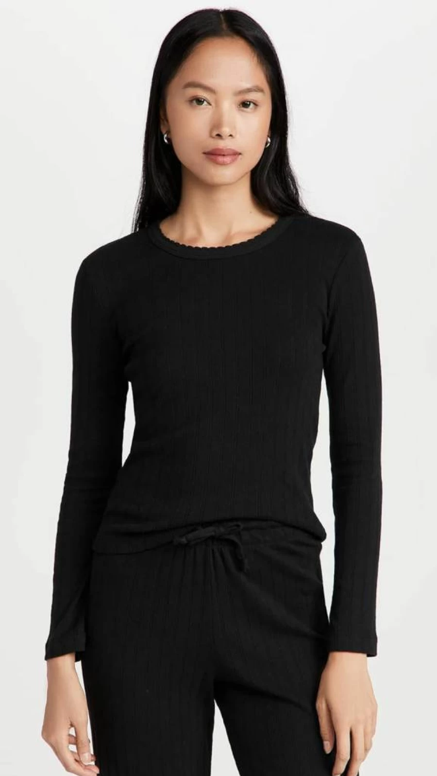 Leset Women's Pointelle Knit Long Sleeve Slim Fit T-Shirt