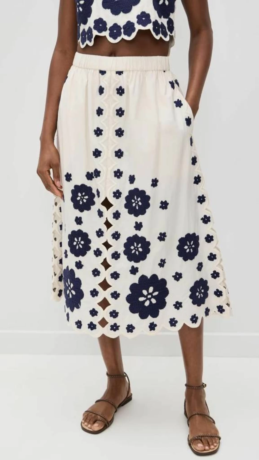 Sea Women's Catrine Floral Applique Midi Skirt with Scallop Hem