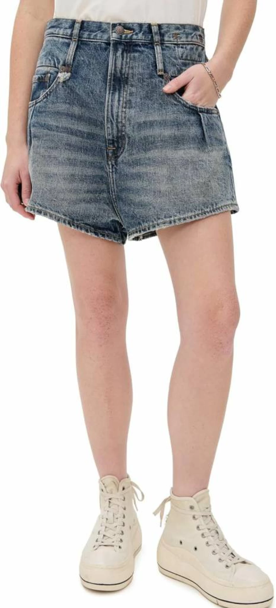 R13 Women's Venti Denim Shorts with Double Loop Design - High Waisted Distressed Vintage Jeans Shorts for Women