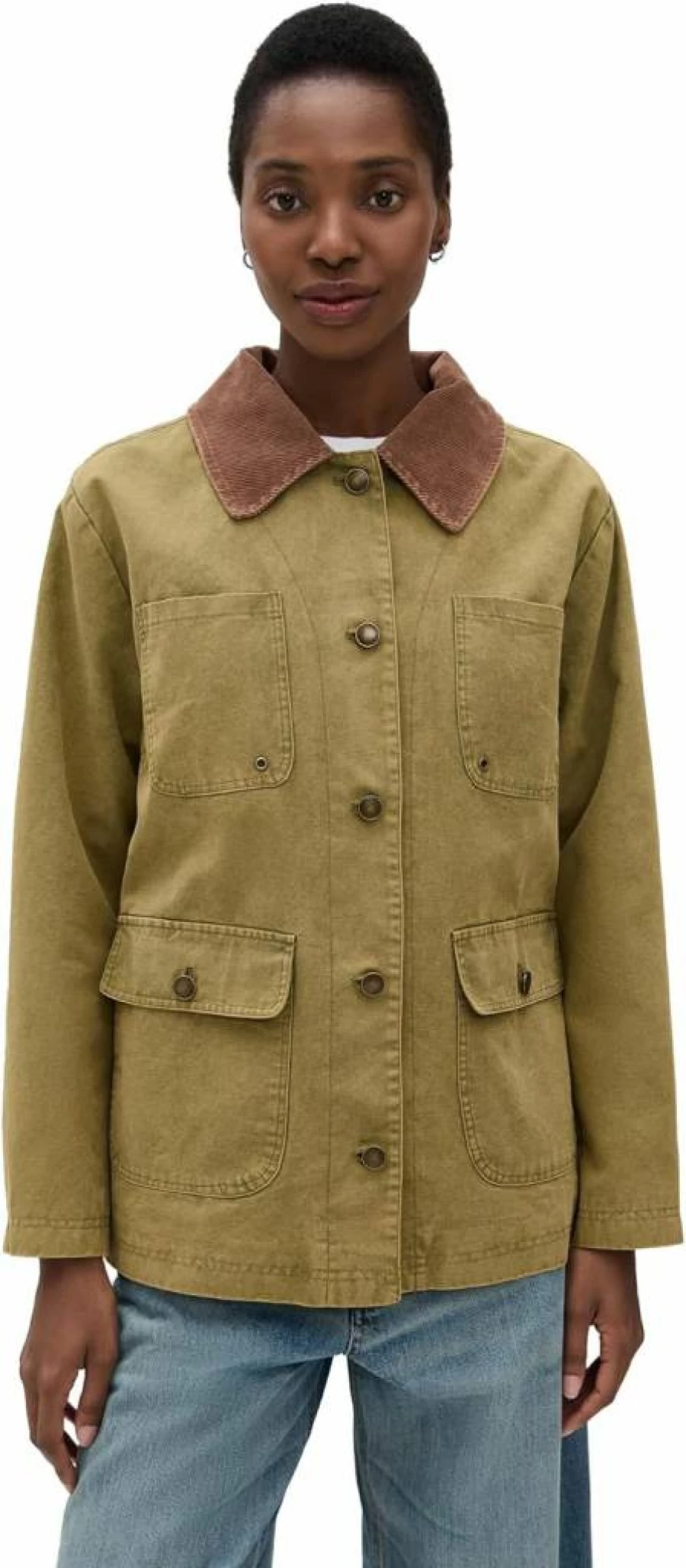 Avec Les Filles Women's Contrast Collar Barn Jacket - Stylish Denim Jacket with Vintage Design
