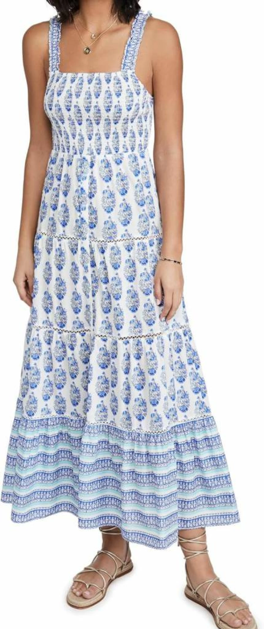 Playa Lucila Women's Floral Smock Dress with Border Detail - Boho Chic Summer Maxi Dress