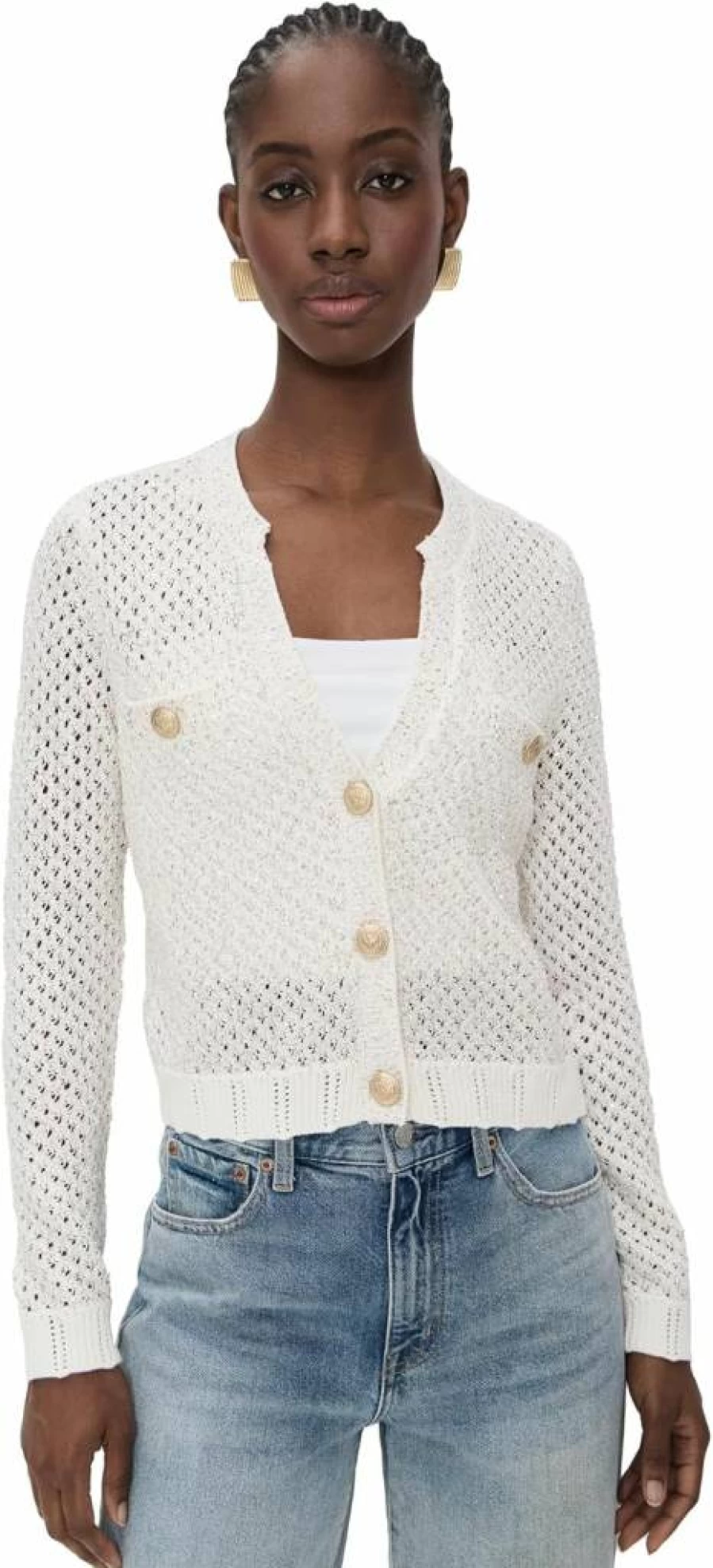 L'AGENCE Women's Blanca Sequin Cropped Cardigan Sparkling Embellished Knit Top