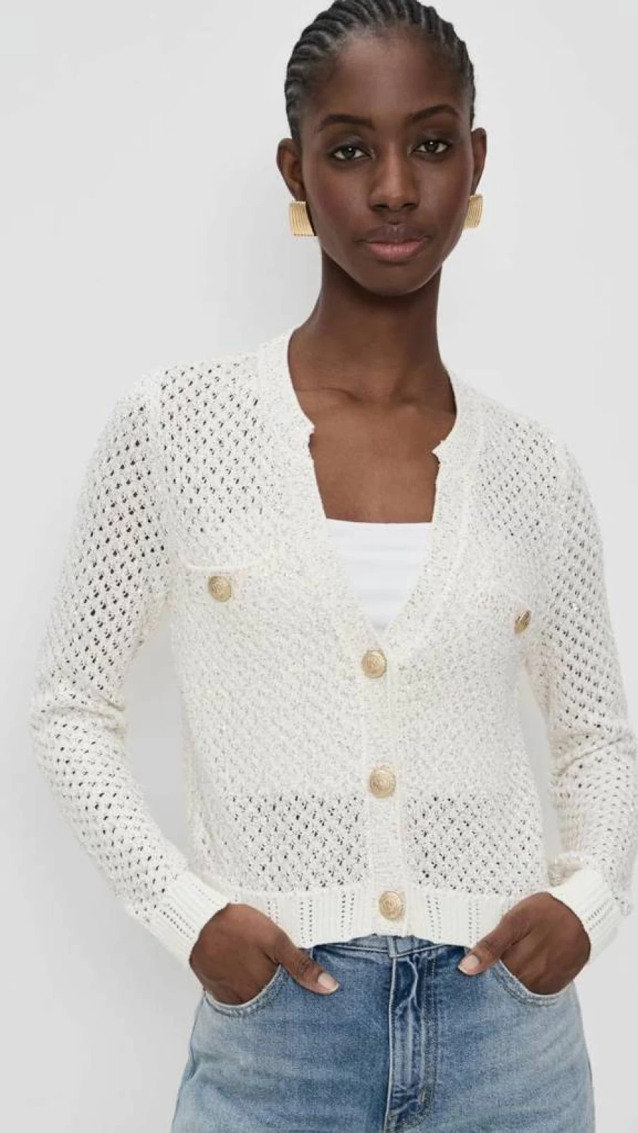 L'AGENCE Women's Blanca Sequin Cropped Cardigan Sparkling Embellished Knit Top