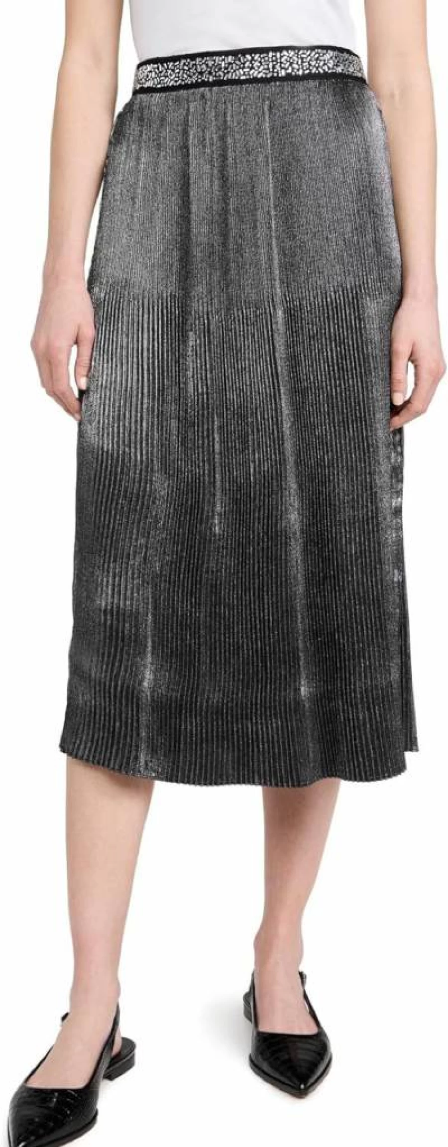 Le Superbe Women's Metallic Foil Pleated Midi Skirt - Elegant High Waist A-Line Skirt for Party & Evening Wear