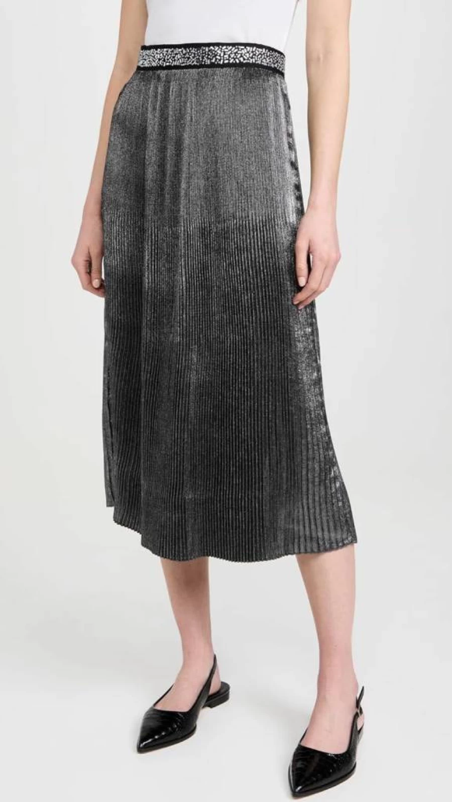 Le Superbe Women's Metallic Foil Pleated Midi Skirt - Elegant High Waist A-Line Skirt for Party & Evening Wear