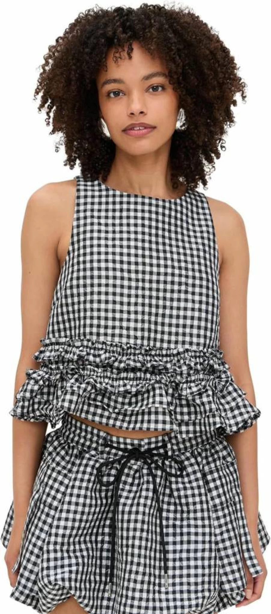 Ganni Women's Crinkled Taffeta Check Frill Blouse - Stylish Ruffled Top for Fashion Trends