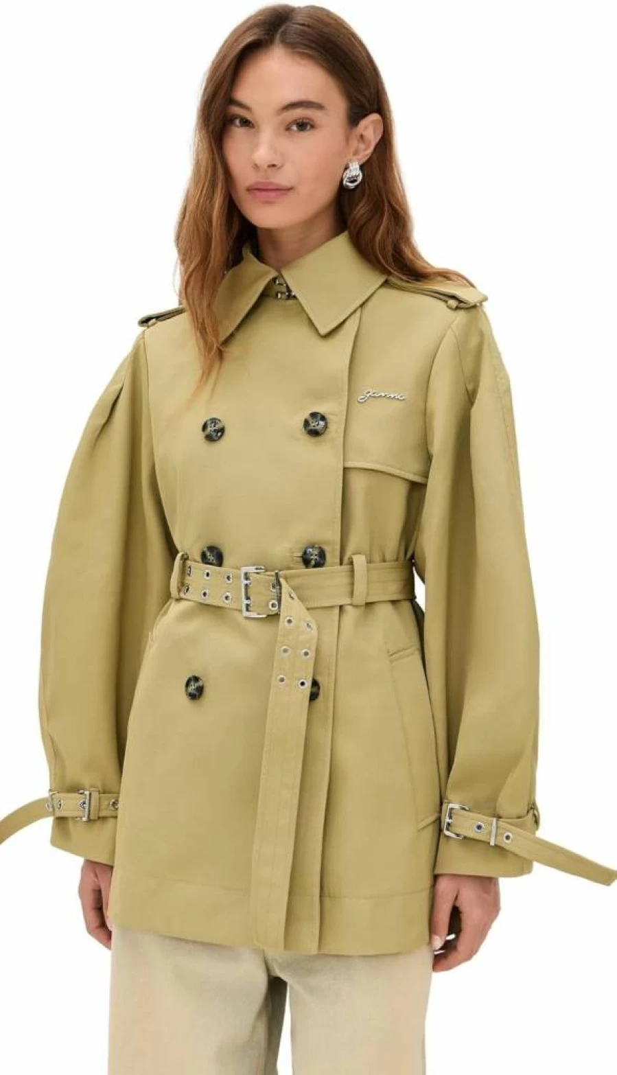 Ganni Women's Heavy Twill Midi Trench Coat | Classic Longline Waterproof Raincoat with Belt