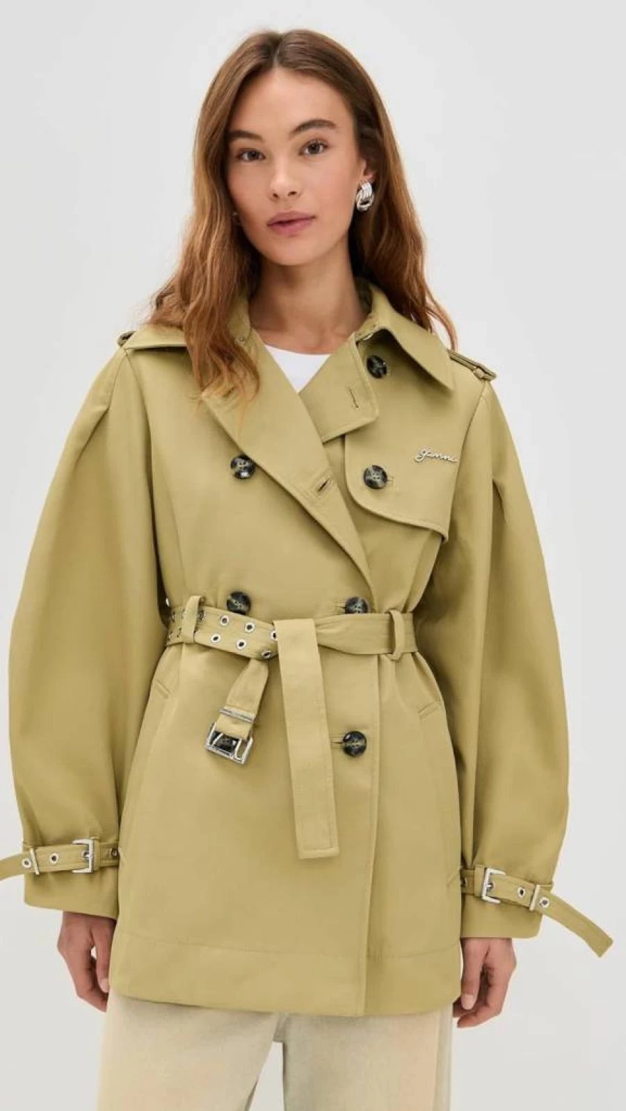 Ganni Women's Heavy Twill Midi Trench Coat | Classic Longline Waterproof Raincoat with Belt